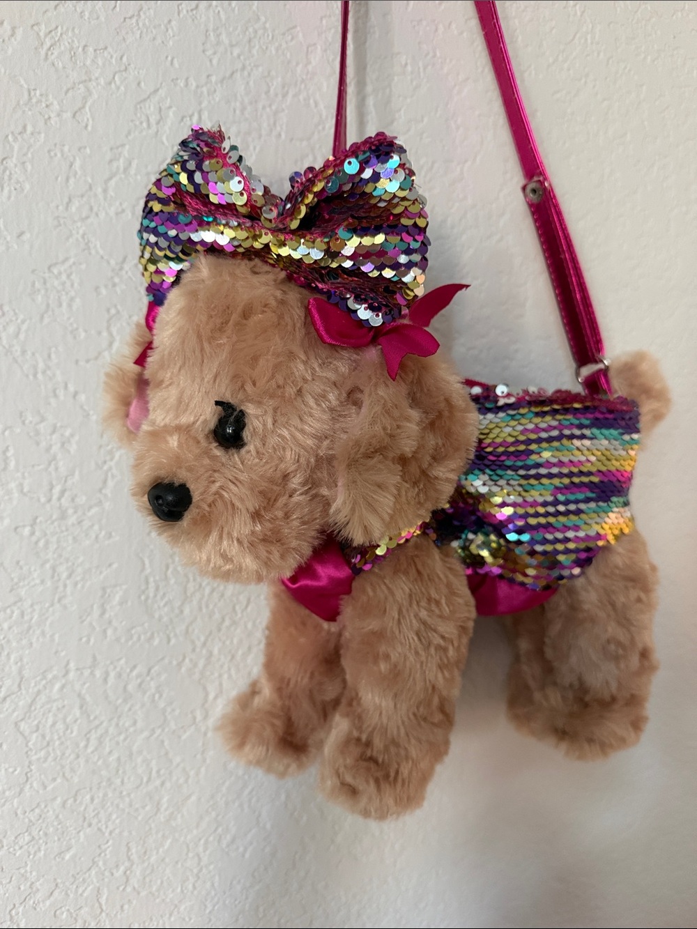 Plush Puppy Sequin Crossbody Bag for Kids – Pink Multicolor